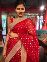 Red Organza Silk Saree highlighted with Sequins Embroidered Border