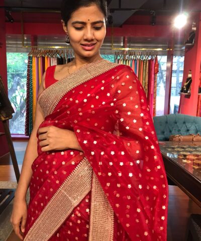 Red Organza Silk Saree highlighted with Sequins Embroidered Border