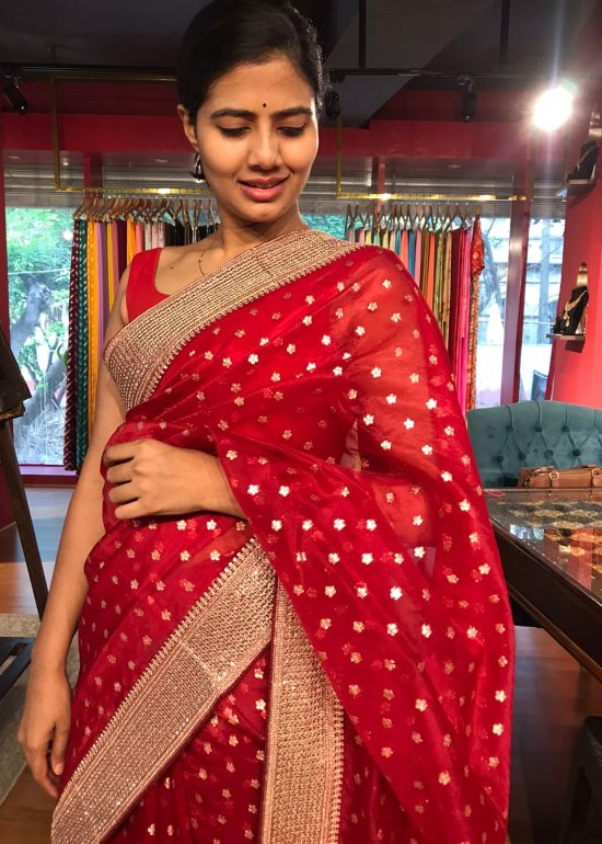 Red Organza Silk Saree highlighted with Sequins Embroidered Border