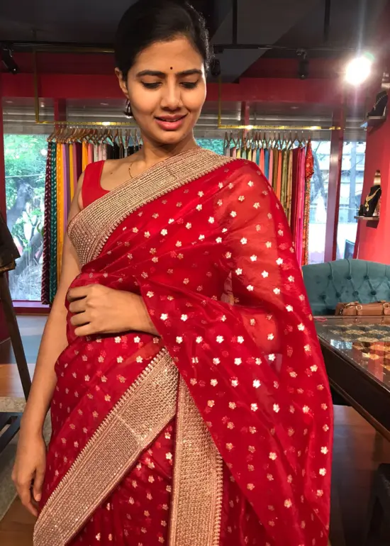 Red Organza Silk Saree highlighted with Sequins Embroidered Border
