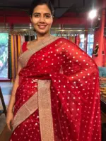 Red Organza Silk Saree highlighted with Sequins Embroidered Border - Image 4