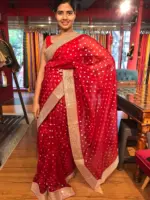 Red Organza Silk Saree highlighted with Sequins Embroidered Border - Image 5