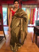 Beige Taupe Banarasi Silk Saree highlighted with Gold Zari Buttas - Image 5