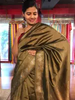 Beige Taupe Banarasi Silk Saree highlighted with Gold Zari Buttas
