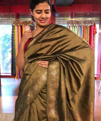 Beige Taupe Banarasi Silk Saree highlighted with Gold Zari Buttas
