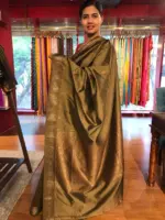 Beige Taupe Banarasi Silk Saree highlighted with Gold Zari Buttas - Image 3