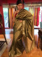 Beige Taupe Banarasi Silk Saree highlighted with Gold Zari Buttas - Image 4
