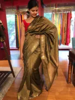 Beige Taupe Banarasi Silk Saree highlighted with Gold Zari Buttas - Image 2