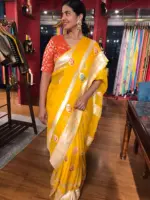 Yellow Khaddi Banarasi Silk Saree in Chiffon with Beautiful Meenakari Weaves - Image 5
