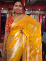 Yellow Khaddi Banarasi Silk Saree in Chiffon with Beautiful Meenakari Weaves