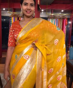 Yellow Khaddi Banarasi Silk Saree in Chiffon with Beautiful Meenakari Weaves