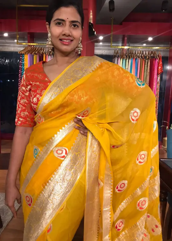 Yellow Khaddi Banarasi Silk Saree in Chiffon with Beautiful Meenakari Weaves