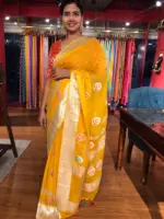 Yellow Khaddi Banarasi Silk Saree in Chiffon with Beautiful Meenakari Weaves - Image 4
