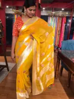 Yellow Khaddi Banarasi Silk Saree in Chiffon with Beautiful Meenakari Weaves - Image 2