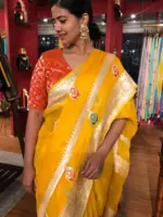 Yellow Khaddi Banarasi Silk Saree in Chiffon with Beautiful Meenakari Weaves - Image 7
