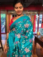 Blue Satin Saree with Beautiful cross stitch embroidery