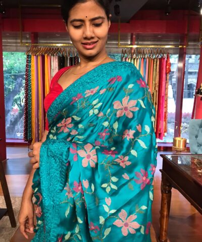 Blue Satin Saree with Beautiful cross stitch embroidery