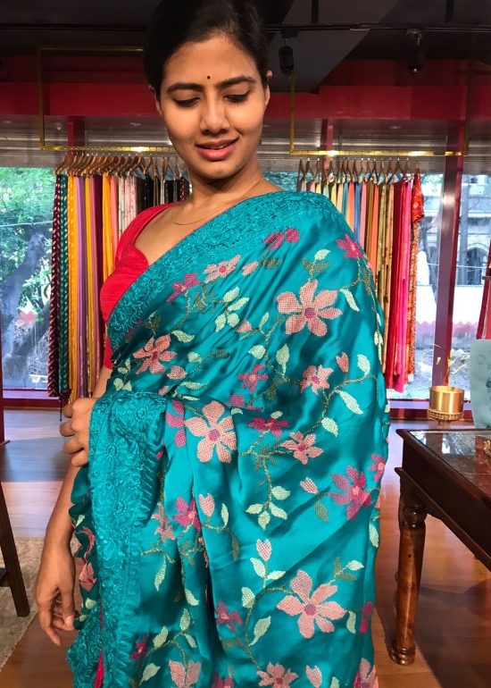 Blue Satin Saree with Beautiful cross stitch embroidery