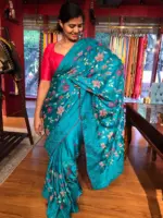 Blue Satin Saree with Beautiful cross stitch embroidery - Image 2