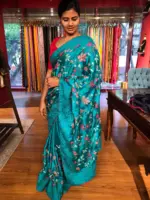 Blue Satin Saree with Beautiful cross stitch embroidery - Image 4