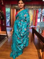 Blue Satin Saree with Beautiful cross stitch embroidery - Image 3