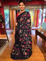 Navyblue Satin Saree with Beautiful cross stitch embroidery - Image 3