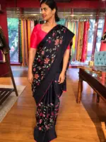 Navyblue Satin Saree with Beautiful cross stitch embroidery - Image 2