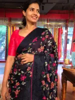 Navyblue Satin Saree with Beautiful cross stitch embroidery