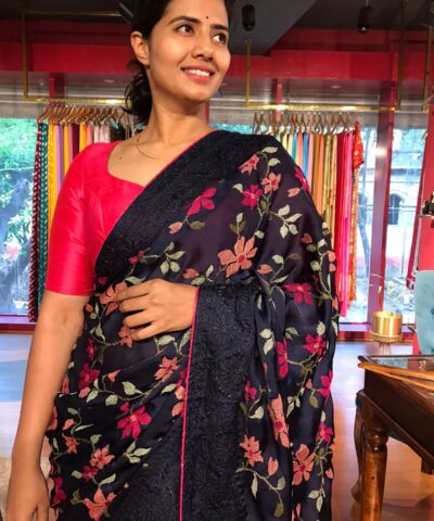 Navyblue Satin Saree with Beautiful cross stitch embroidery