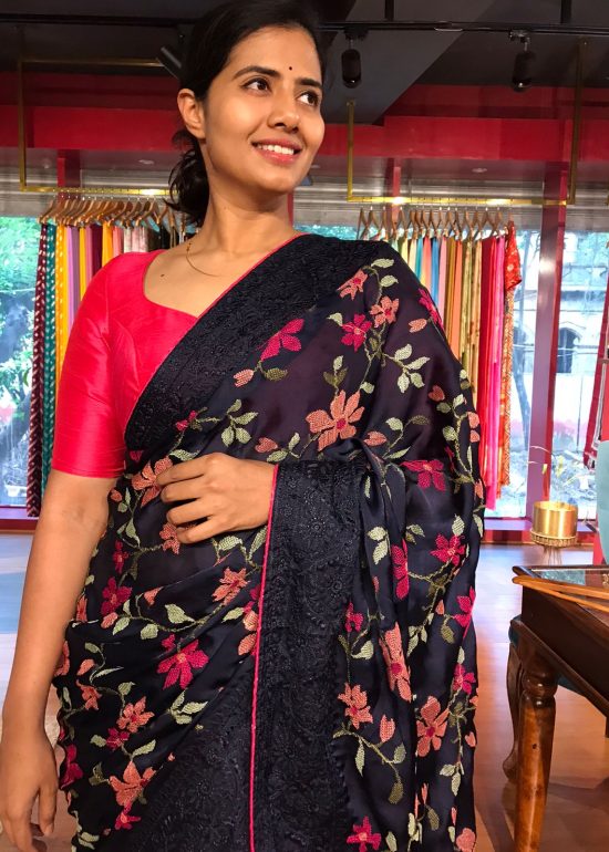 Navyblue Satin Saree with Beautiful cross stitch embroidery