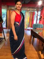 Navyblue Pure Linen Saree highlighted with Multicolored Border - Image 3
