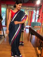 Navyblue Pure Linen Saree highlighted with Multicolored Border - Image 2