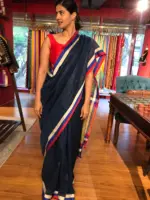Navyblue Pure Linen Saree highlighted with Multicolored Border - Image 4