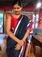 Navyblue Pure Linen Saree highlighted with Multicolored Border