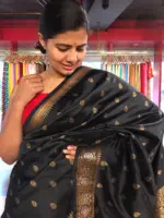 Black Banarasi Silk Saree highlighted with Gold Zari Buttas - Image 4
