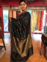Black Banarasi Silk Saree highlighted with Gold Zari Buttas - Image 3