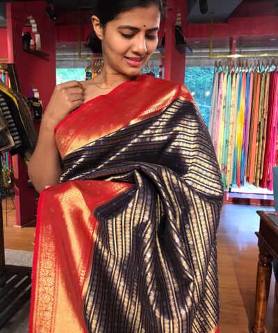 Navy Blue Banarasi Silk Saree highlighted with gold and silver zari weaves