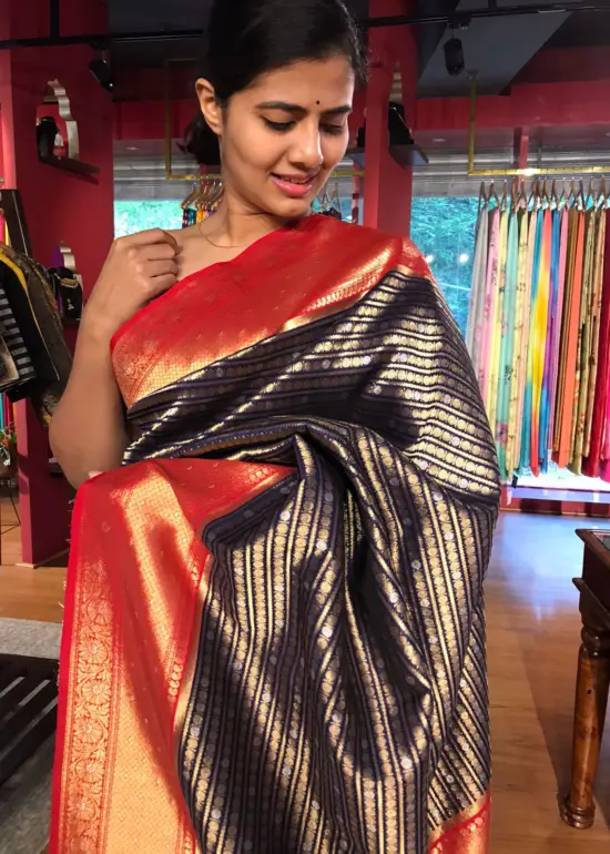 Navy Blue Banarasi Silk Saree highlighted with gold and silver zari weaves