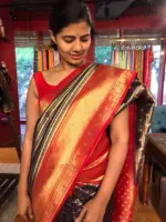 Navy Blue Banarasi Silk Saree highlighted with gold and silver zari weaves - Image 6