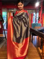 Navy Blue Banarasi Silk Saree highlighted with gold and silver zari weaves - Image 3