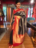 Navy Blue Banarasi Silk Saree highlighted with gold and silver zari weaves - Image 5