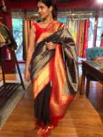 Navy Blue Banarasi Silk Saree highlighted with gold and silver zari weaves - Image 2