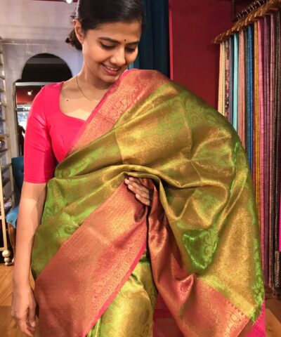 Green Tissue Silk Saree with contrast border