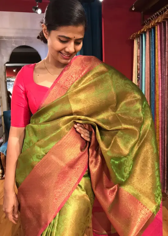 Green Tissue Silk Saree with contrast border