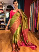 Green Tissue Silk Saree with contrast border - Image 3