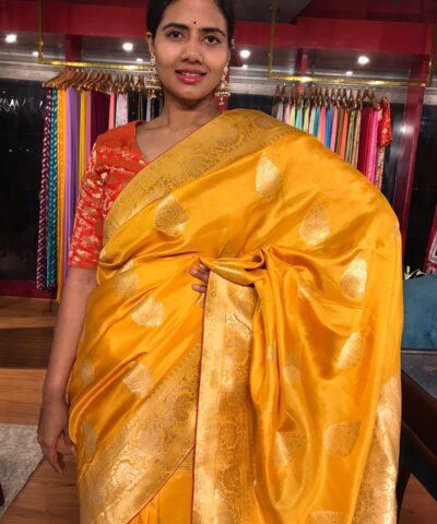 Haldi Yellow Dola Silk Saree with Gold Zari Buttas