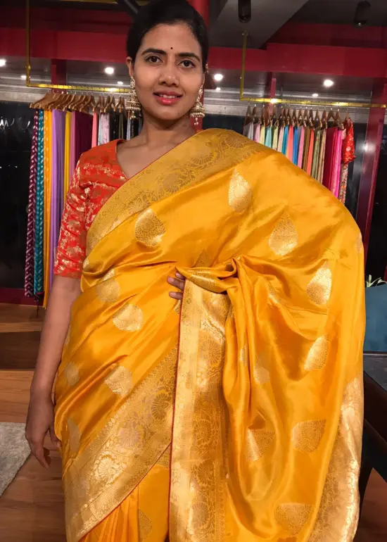 Haldi Yellow Dola Silk Saree with Gold Zari Buttas
