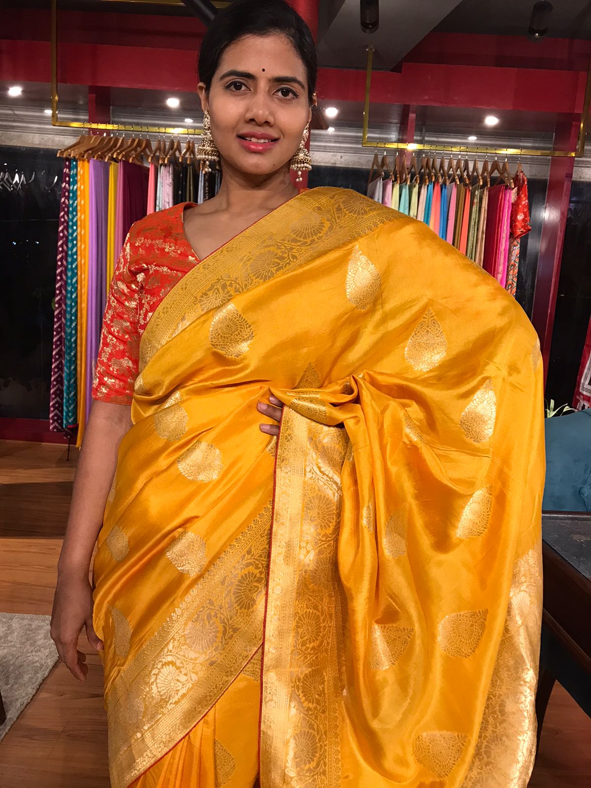 Yellow and Navy Blue Pure Silk Saree with Temple Border – ShopBollyWear.Com-atpcosmetics.com.vn