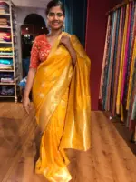 Haldi Yellow Dola Silk Saree with Gold Zari Buttas - Image 3