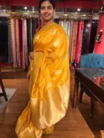 Haldi Yellow Dola Silk Saree with Gold Zari Buttas - Image 2